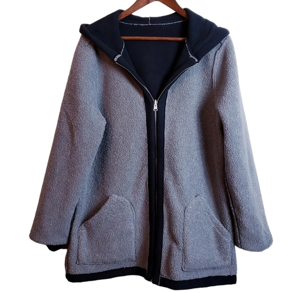 📣 SOLD 📣Susan Graver Reversible Polar Fleece Sherpa Coat Large Black Gray New - Picture 10 of 17